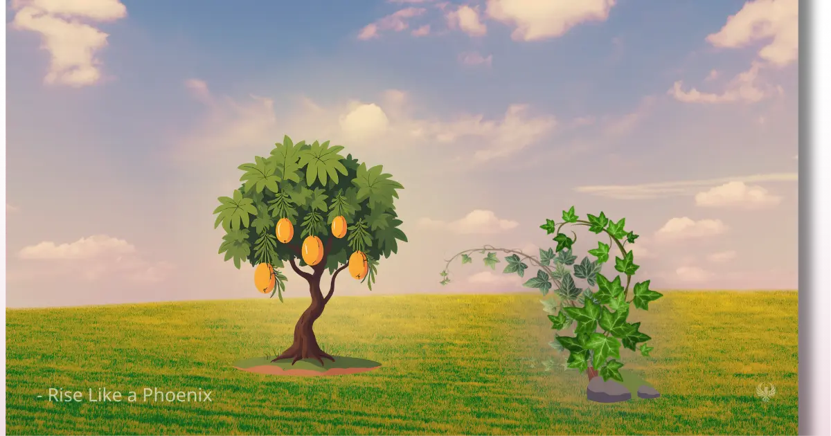 Mango tree and poisonous vine growing in the same garden symbolizing good and bad karmic seeds growing side by side