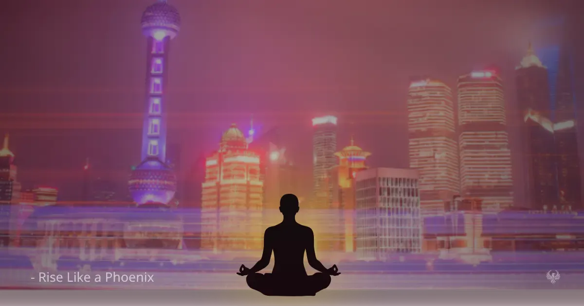 Meditator surrounded by city lights, symbolizing integration of spirit and matter