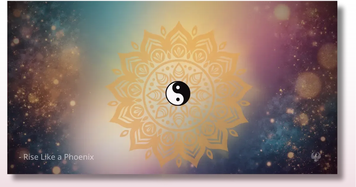 Golden sun mandala with yin-yang center, symbolizing the sacred harmony of karmic balance