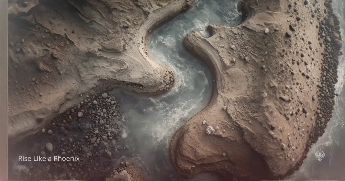 A winding river carving through earth, symbolizing the difference between prana flow and kundalini transformation.