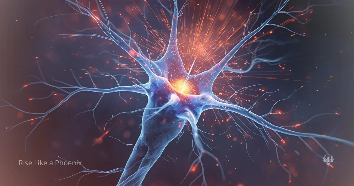 Abstract glowing neuron with orange sparks, symbolizing nervous system activation during different types of kundalini awakening.