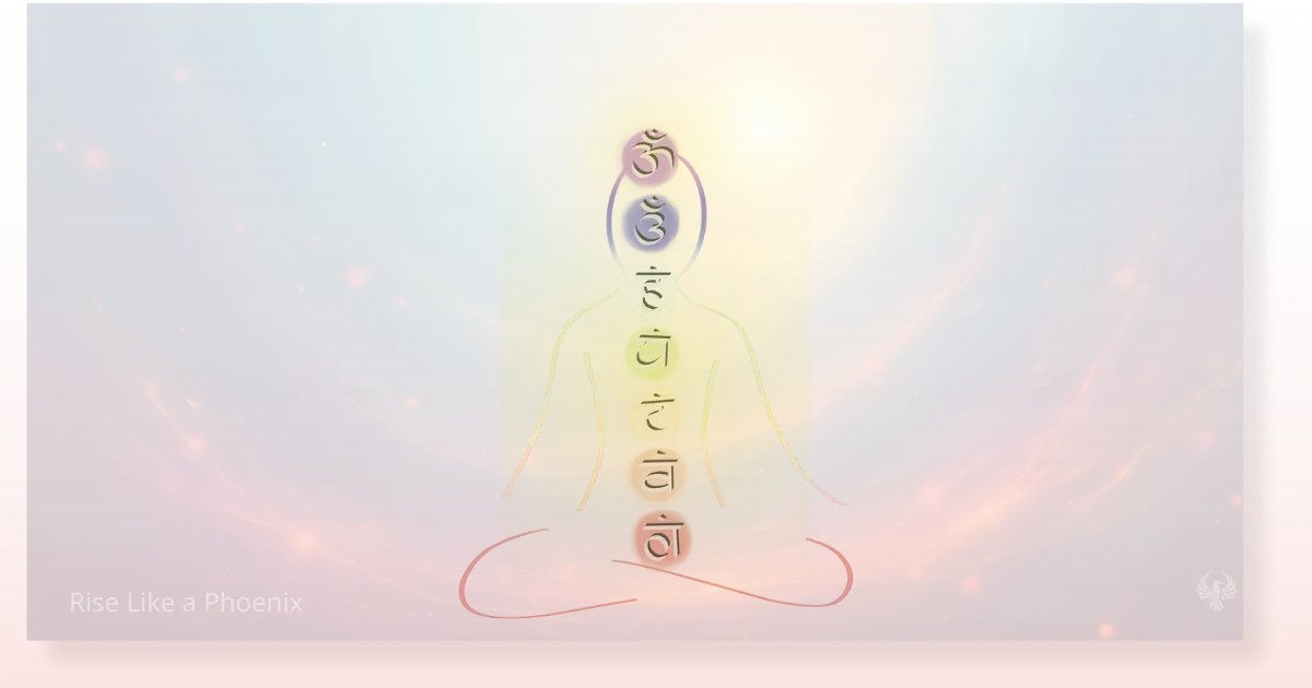 Meditating silhouette with seven glowing chakras marked by Sanskrit Bija Mantras, set against a cosmic background of swirling light.