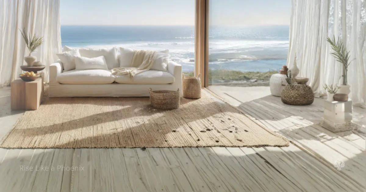 Sunlit living space with neutral tones and an ocean view, suggesting rest, simplicity, and supportive daily environments.