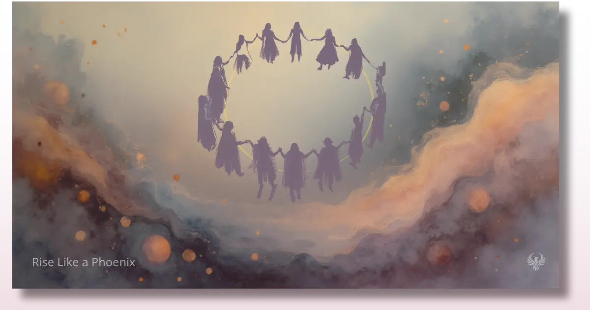 Silhouettes of people holding hands in a circle within a cosmic background symbolizing ancestral connection and shared karma
