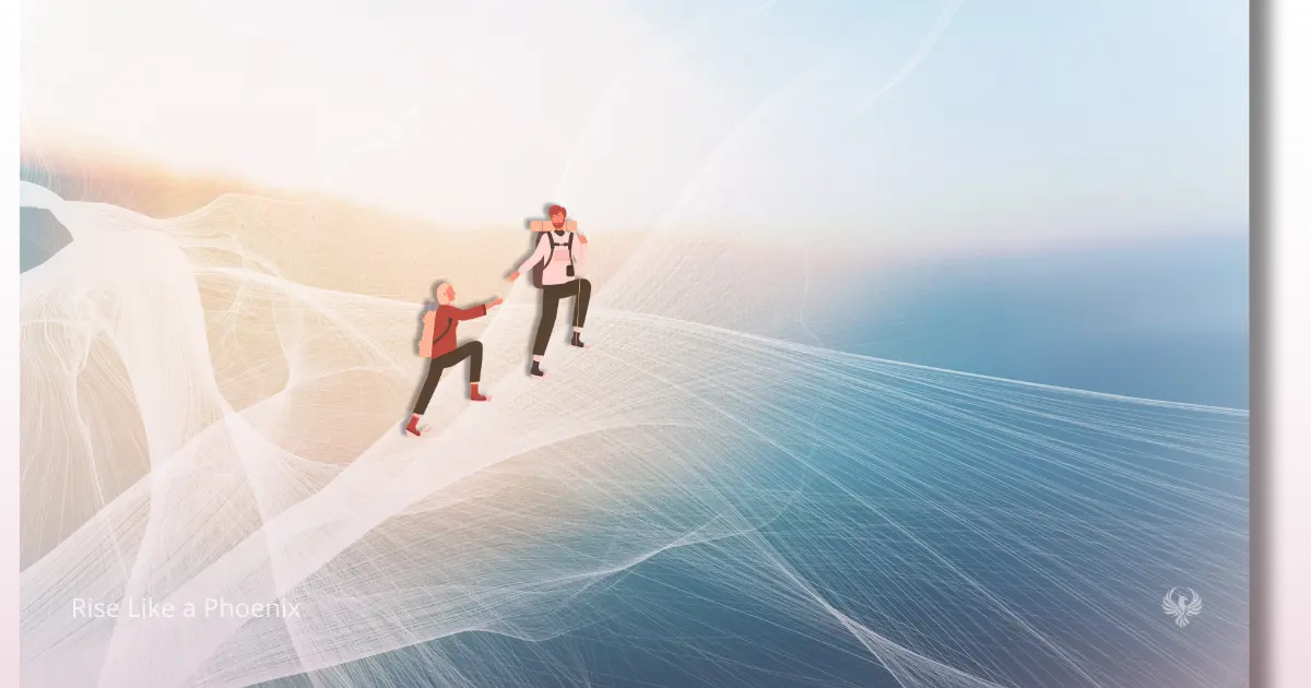 Two hikers on a bright slope, one offering a steady hand to help the other climb, symbolizing supportive guidance without taking over someone's path.