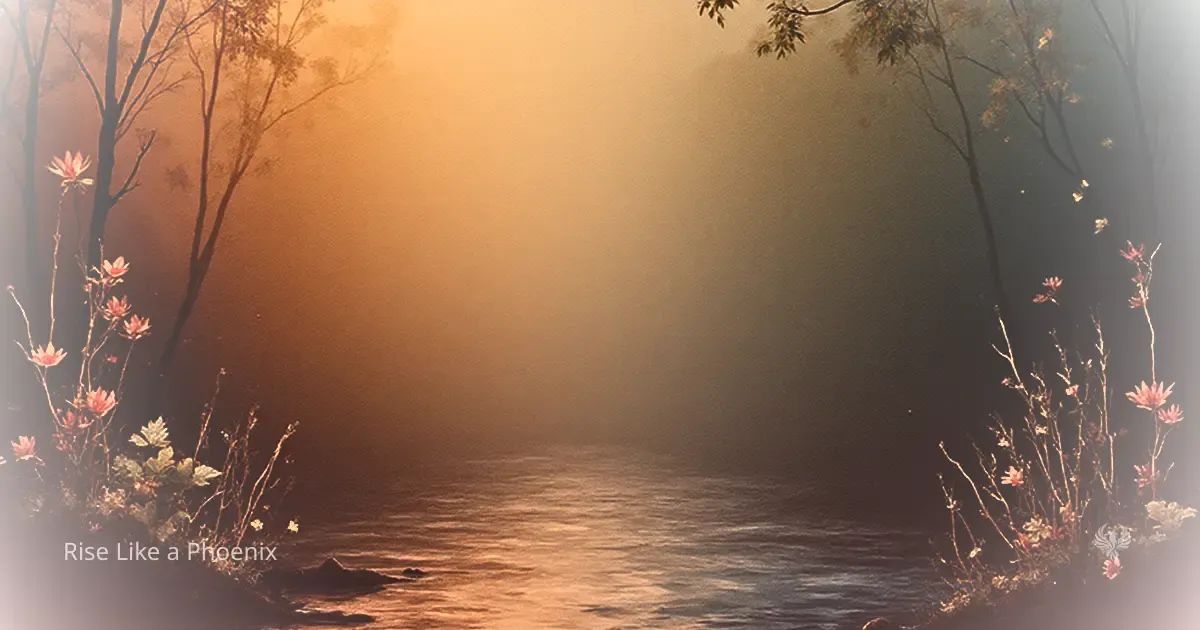 A quiet waterside landscape with warm and cool light blending through trees, symbolizing grounded integration and balanced relationships after kundalini awakening.