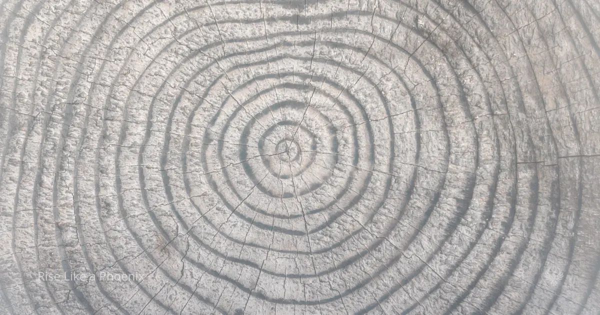 Tree rings forming concentric circles, symbolizing cycles of growth and maturation over time.