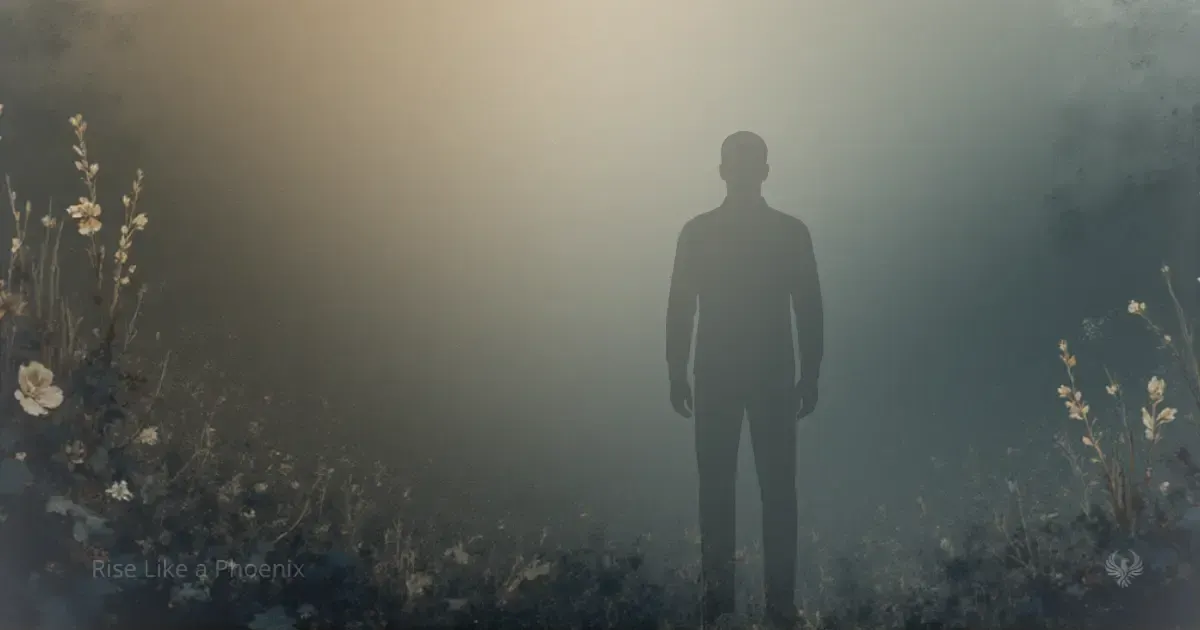 A solitary human silhouette standing in misty light, symbolizing spiritual awakening and the dissolution of identity.