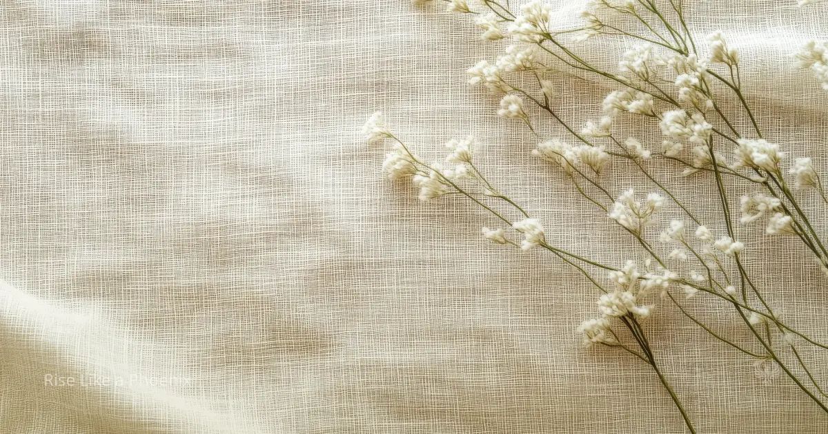 Soft linen fabric with delicate white flowers in natural light, evoking quiet awareness and gentle attention.
