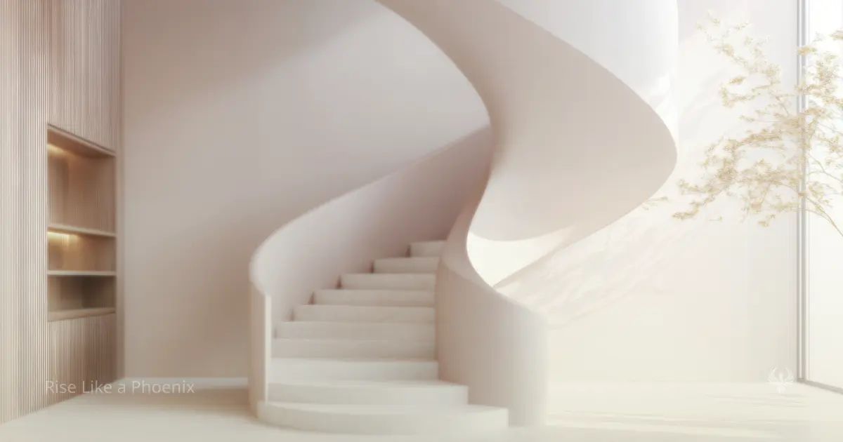 Softly lit curved staircase in a calm interior, symbolizing gradual accumulation and the body's long-term response to stress.