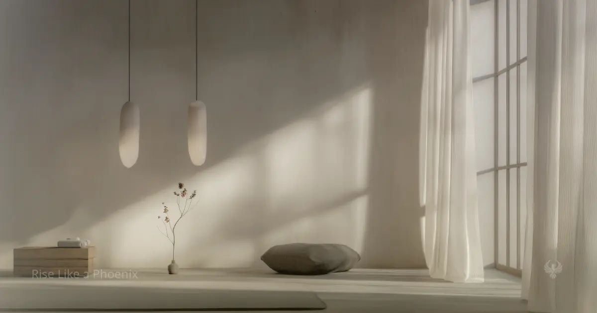 Minimal interior with soft natural light, a cushion, and gentle shadows, suggesting quiet reflection and presence.