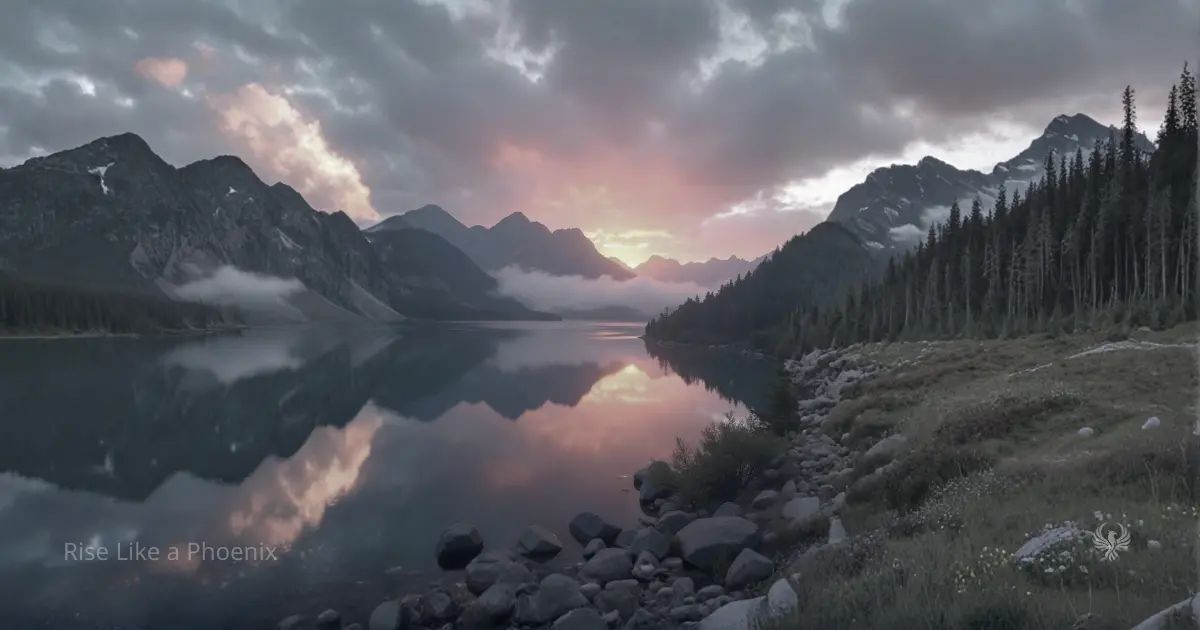 Mountain lake reflecting a changing sky, symbolizing a moment in time and evolving consciousness.