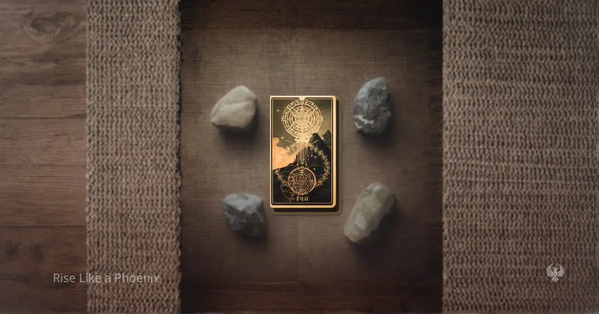 A single tarot card placed at the center of a woven surface, surrounded by stones in a circular pattern, representing focused and structured card interpretation.