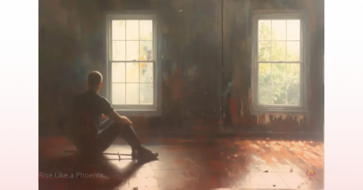 A person sitting quietly by a window, reflecting in a dim room with soft light entering.