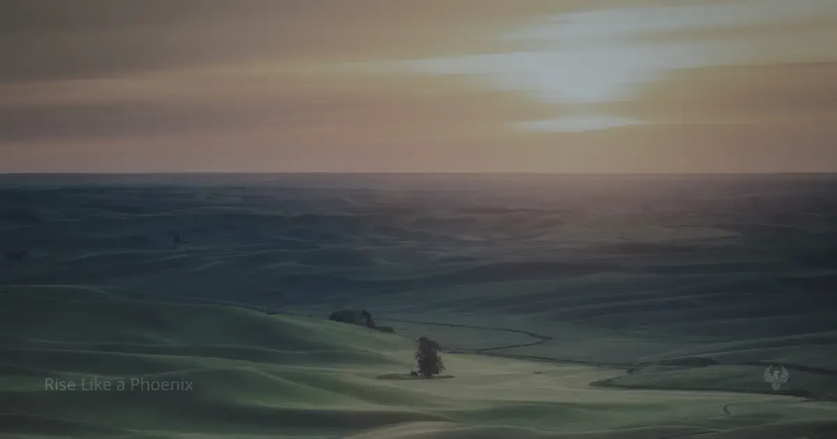 A wide landscape of rolling green hills under a soft sunrise, with a lone tree in the distance, reflecting quiet longing and inner reflection during spiritual awakening.