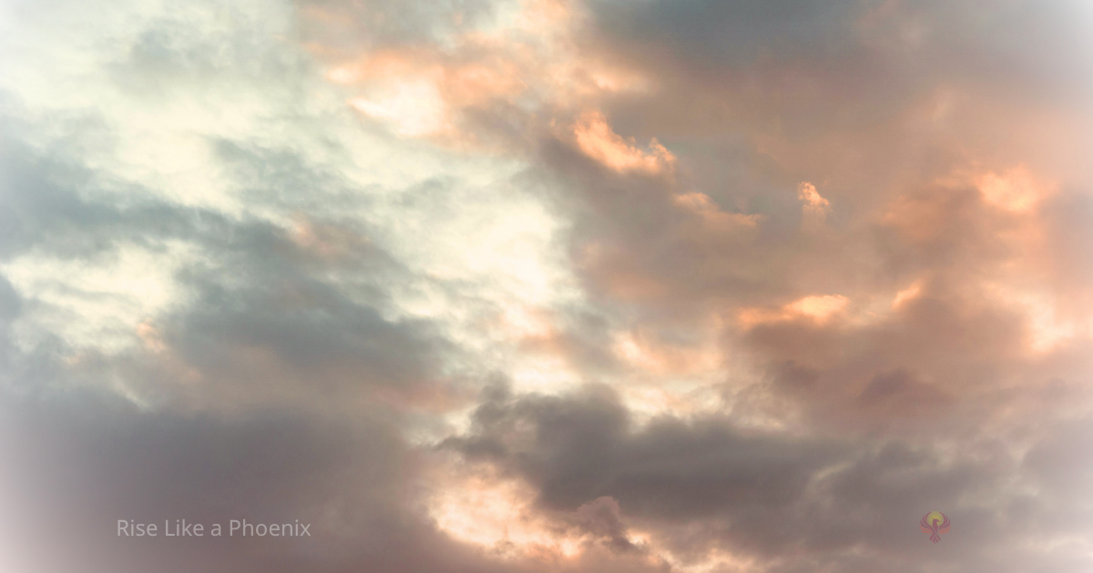Soft golden dawn light emerging through layers of grey and pink clouds, creating a spacious and contemplative atmosphere suggestive of spiritual awakening, longing, and inner transformation. 