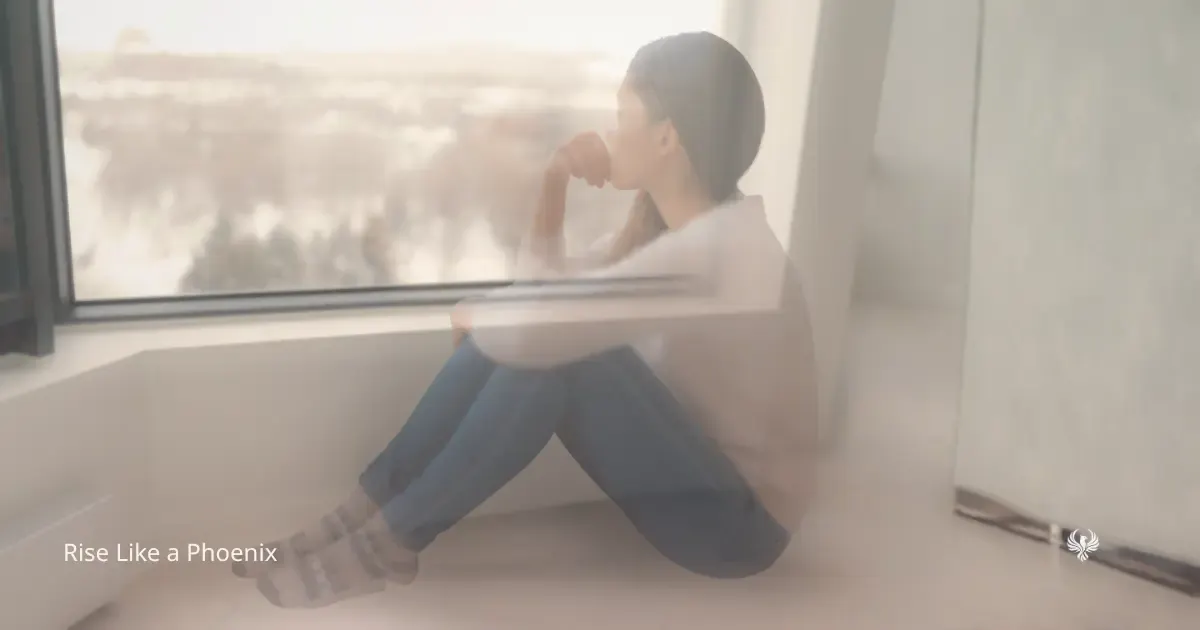 A person sitting quietly by a window in soft light, symbolizing reflection, trauma response, karmic patterns, emotional protection, and inner discernment.