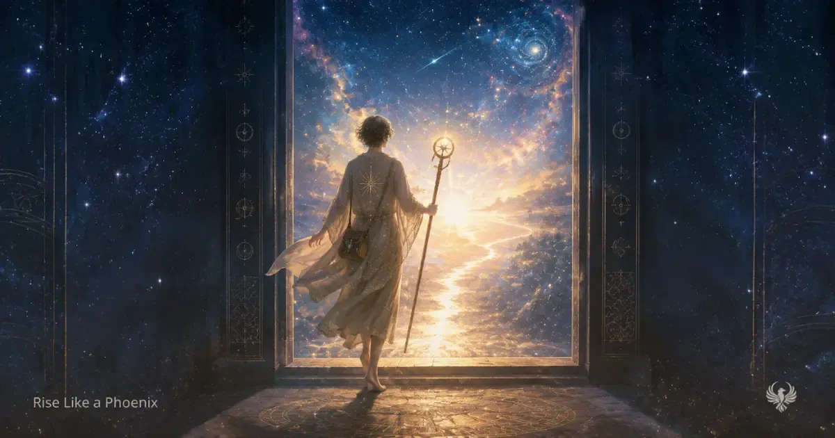 A traveler stands at a glowing cosmic doorway, symbolizing The Fool in tarot as the first step into the unknown.
