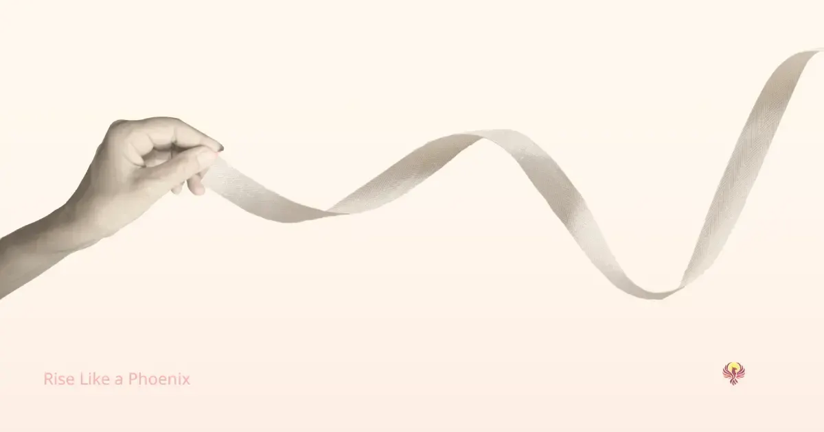 A hand holding a long pale ribbon against a soft background, symbolizing attachment, karmic patterns, emotional loops, and the process of release.