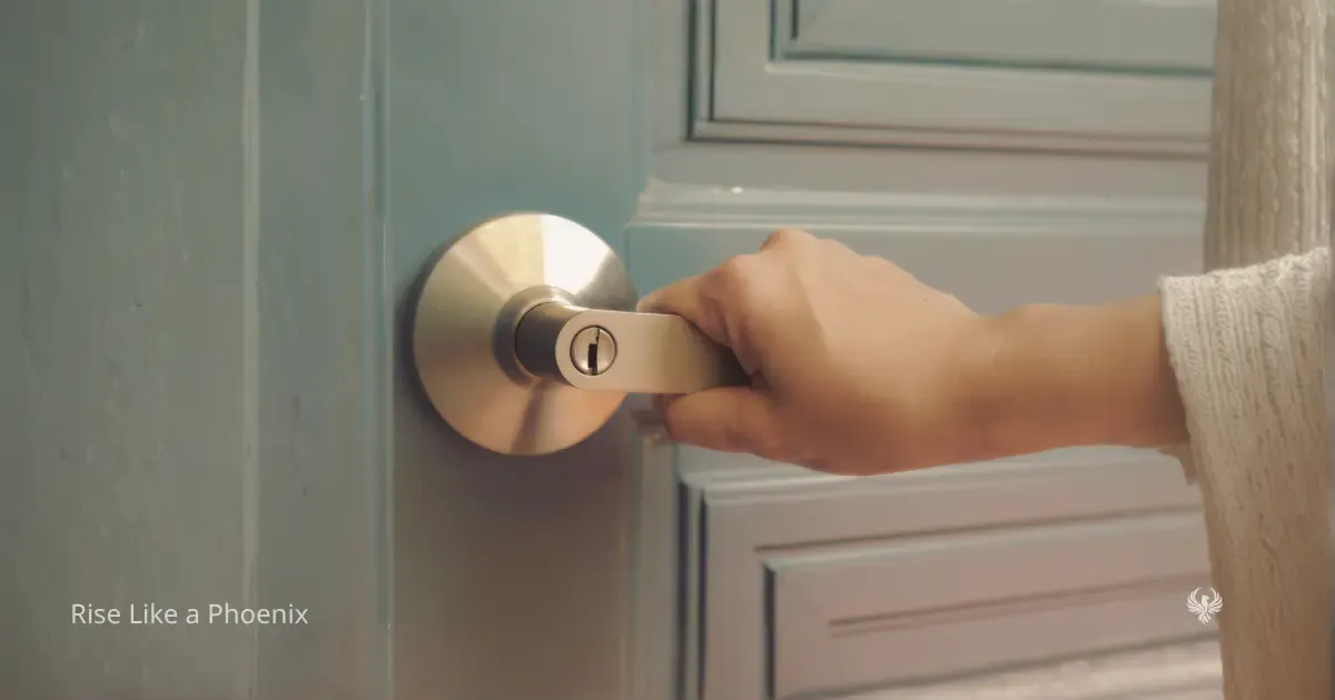 A close-up image of a hand holding a door handle on a soft blue door, symbolizing boundaries, access, and discernment in relationship.