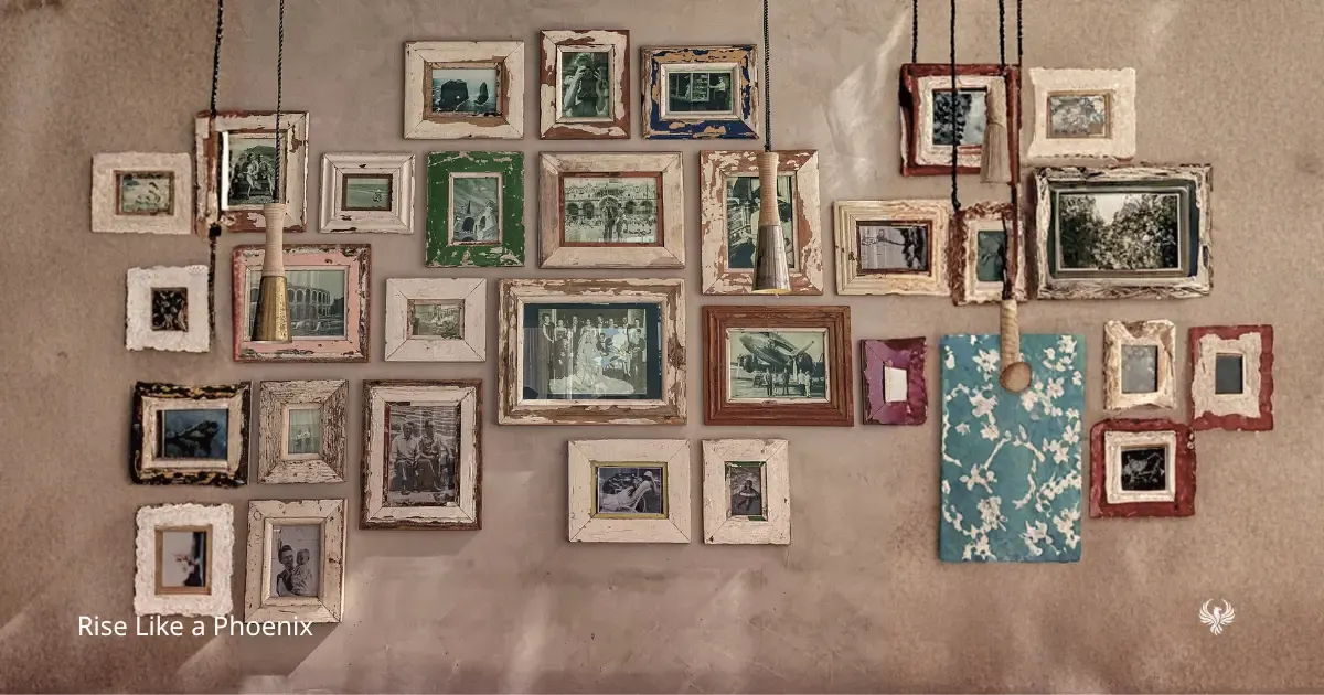 A wall of old framed photographs, symbolizing family karma, inherited patterns, family roles, memory, duty, and generational stories.