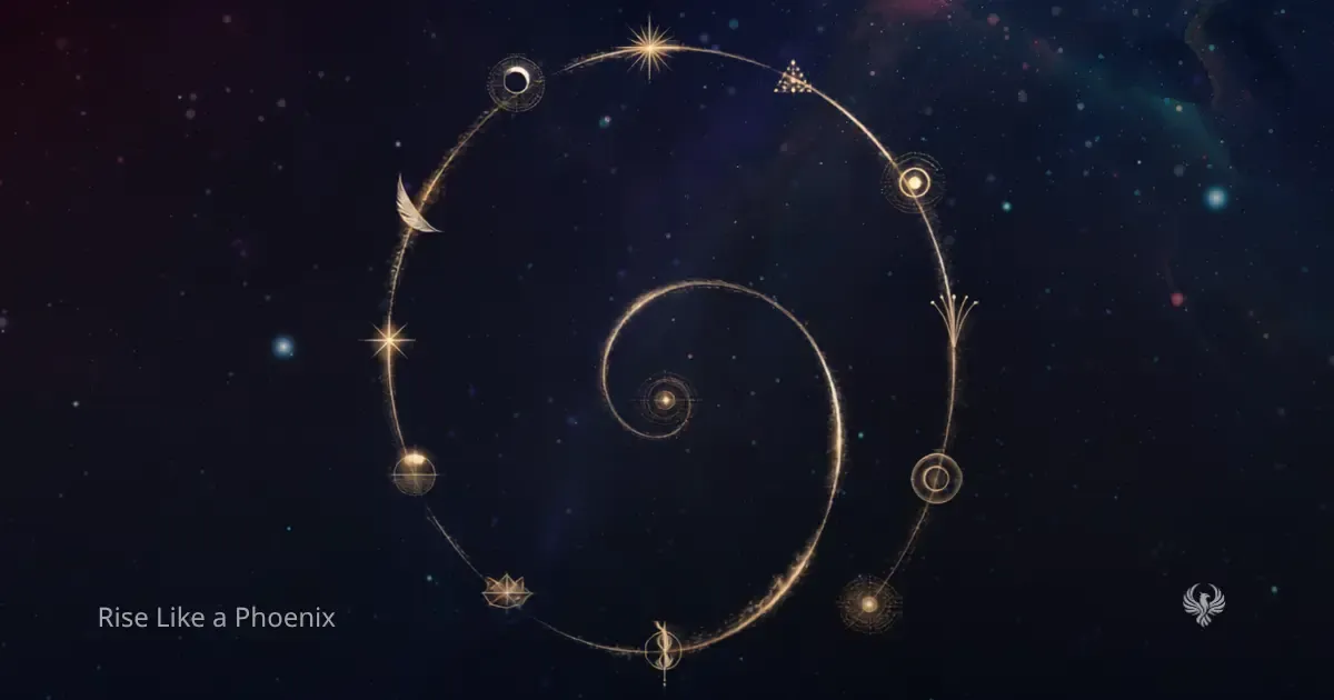 Golden spiral with twelve symbolic points against a deep blue cosmic background, representing the zodiac as a spiral of recurring archetypal learning and consciousness.