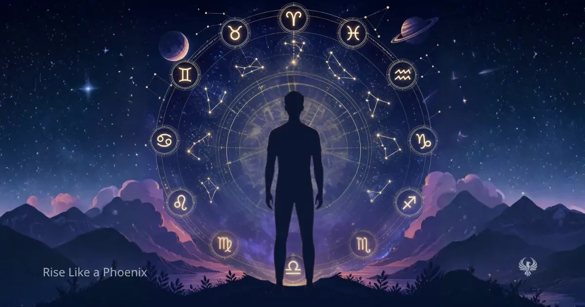 Person standing before a glowing zodiac wheel under a starry sky.