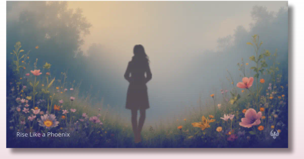 A soft silhouette of a woman standing in a misty meadow at sunrise, surrounded by blooming flowers, symbolizing forgotten past-life memories and the soul's new beginning.
