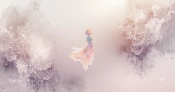 A soft, semi-transparent figure suspended between gentle abstract forms, symbolizing the ego becoming less rigid during kundalini awakening.