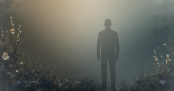 A solitary human silhouette standing in misty light, symbolizing spiritual awakening and the dissolution of identity.