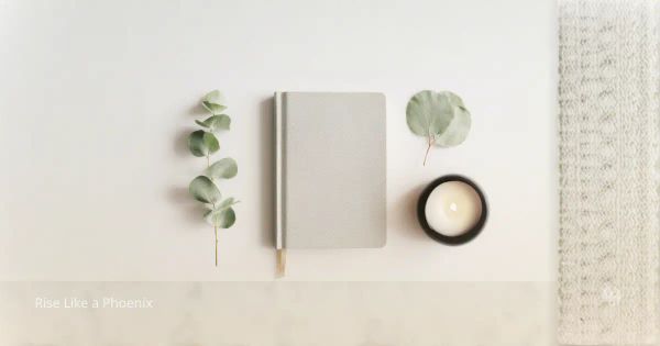 Minimal journal with eucalyptus leaves and a candle on a light background, symbolizing reflection and inner awareness.