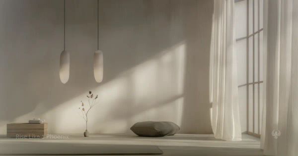 Minimal interior with soft natural light, a cushion, and gentle shadows, suggesting quiet reflection and presence.