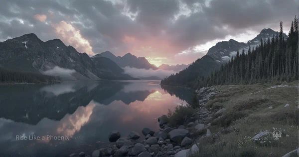 Mountain lake reflecting a changing sky, symbolizing a moment in time and evolving consciousness.