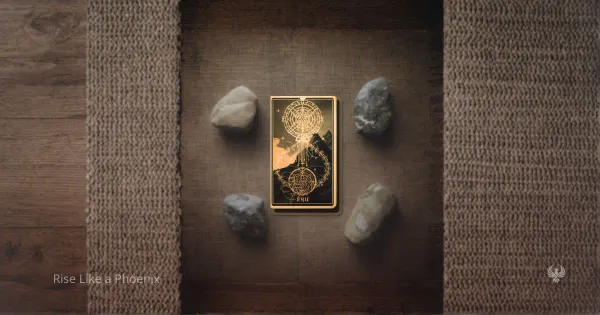 A single tarot card placed at the center of a woven surface, surrounded by stones in a circular pattern, representing focused and structured card interpretation.
