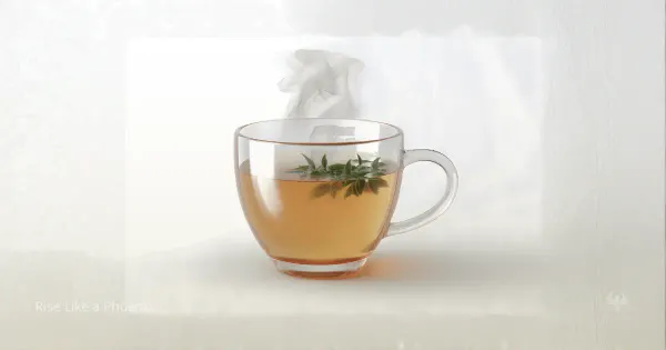 A clear glass cup of warm tea with steam rising, suggesting a simple, everyday ritual.