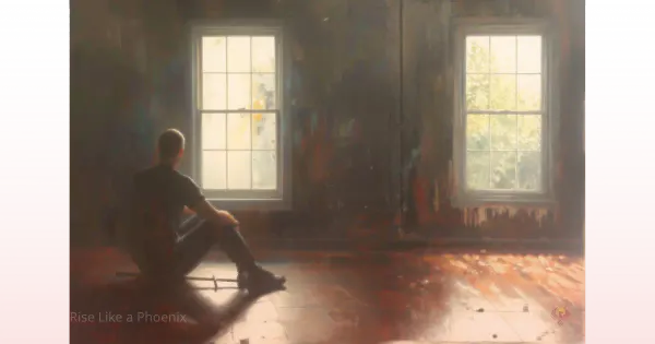 A person sitting quietly by a window, reflecting in a dim room with soft light entering.