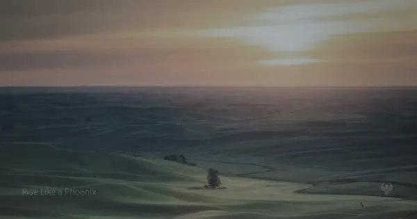 A wide landscape of rolling green hills under a soft sunrise, with a lone tree in the distance, reflecting quiet longing and inner reflection during spiritual awakening.