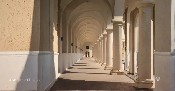 A sunlit corridor with repeating arches, symbolizing karmic patterns, daily choices, and the path of conscious response.