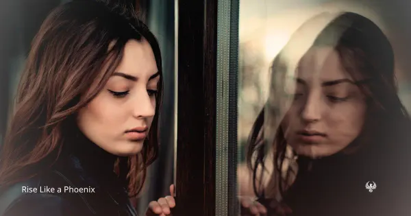 A woman beside a window with her reflection in the glass, symbolizing karmic-feeling connections, recognition, projection, and old emotional material.