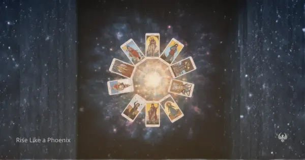 Tarot cards arranged in a circle around a bright center of light, symbolizing the Major Arcana as a map of spiritual awakening.