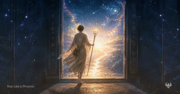 A traveler stands at a glowing cosmic doorway, symbolizing The Fool in tarot as the first step into the unknown.