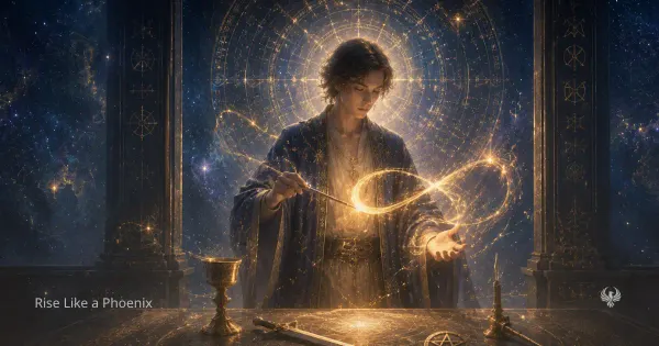 A focused figure shapes golden light above symbolic tools, representing The Magician in tarot as will, attention, and conscious action.