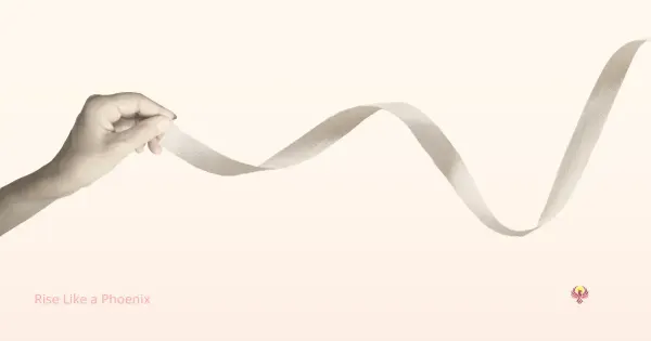 A hand holding a long pale ribbon against a soft background, symbolizing attachment, karmic patterns, emotional loops, and the process of release.