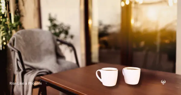Two cups on a quiet table beside an empty chair, symbolizing marriage, long-term relationships, daily patterns, emotional presence, and repair.
