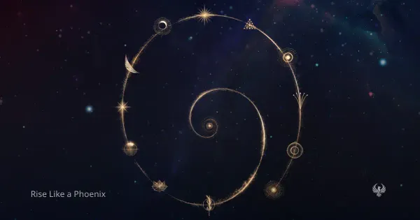 Golden spiral with twelve symbolic points against a deep blue cosmic background, representing the zodiac as a spiral of recurring archetypal learning and consciousness.
