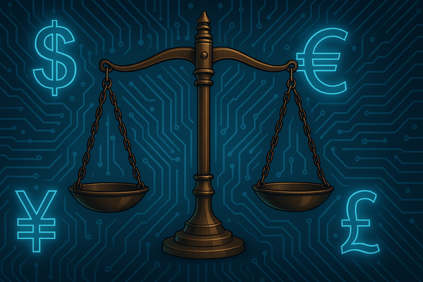 Scales of justice over a cyber-tech background with global currency symbols subtly integrated.