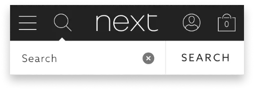 Next ecommerce mobile navigation prototype showing proposed burger menu design, later proven to reduce sales.