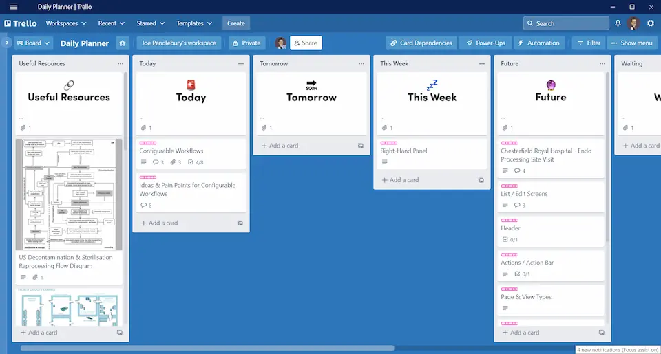 Trello screenshot illustrating GTD methodology, used to inspire prioritisation in Endoscopy Hub design.