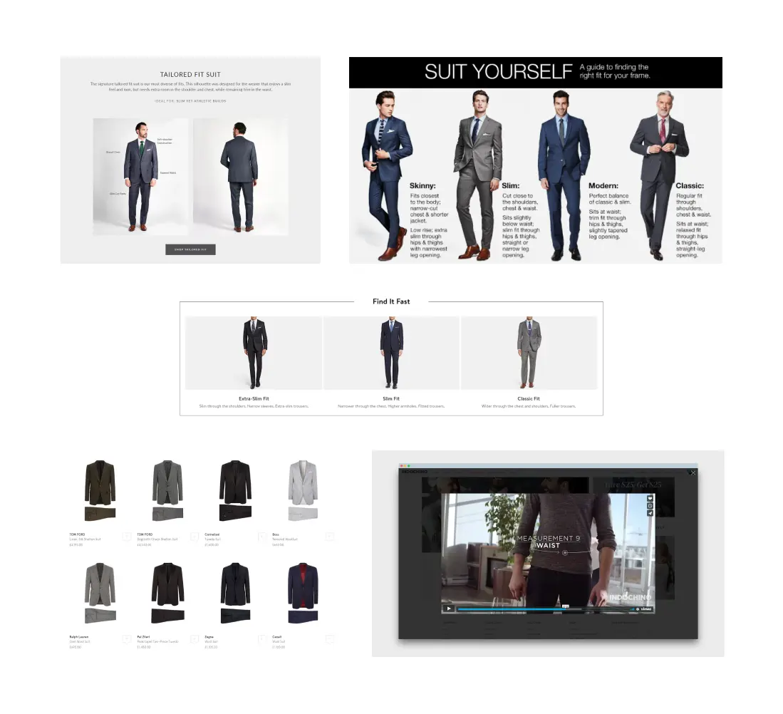 Examples of competitor ecommerce suit fit guides showing mannequins and style breakdowns used to aid size and fit selection.