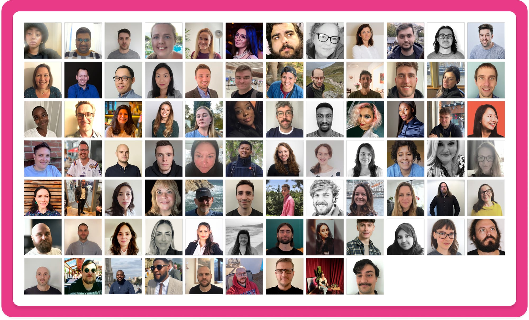 Photo grid showing dozens of smiling By Miles colleagues, representing the collaborative community where mentorship and shared learning happen.